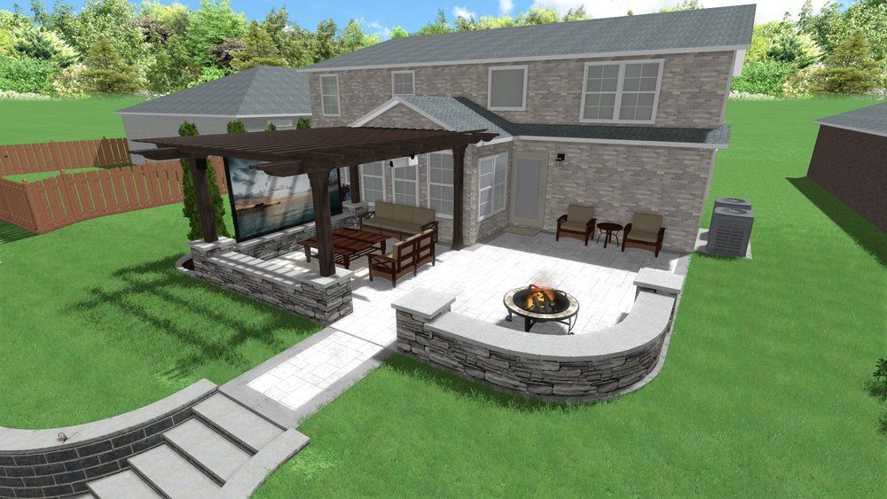 A 3d rendering of a patio with a fire pit and a pergola.