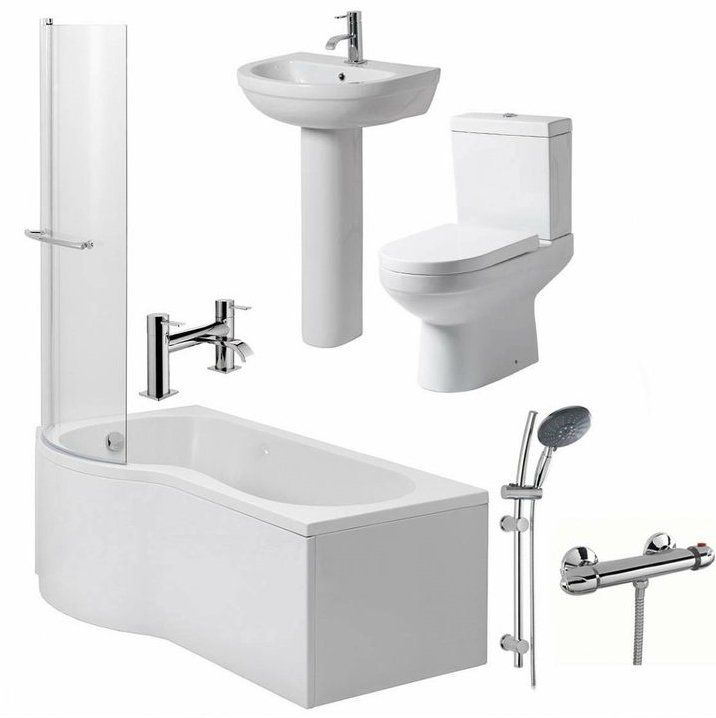 various fixtures shown, including bathtub, pedestal sink, toilet, and shower head