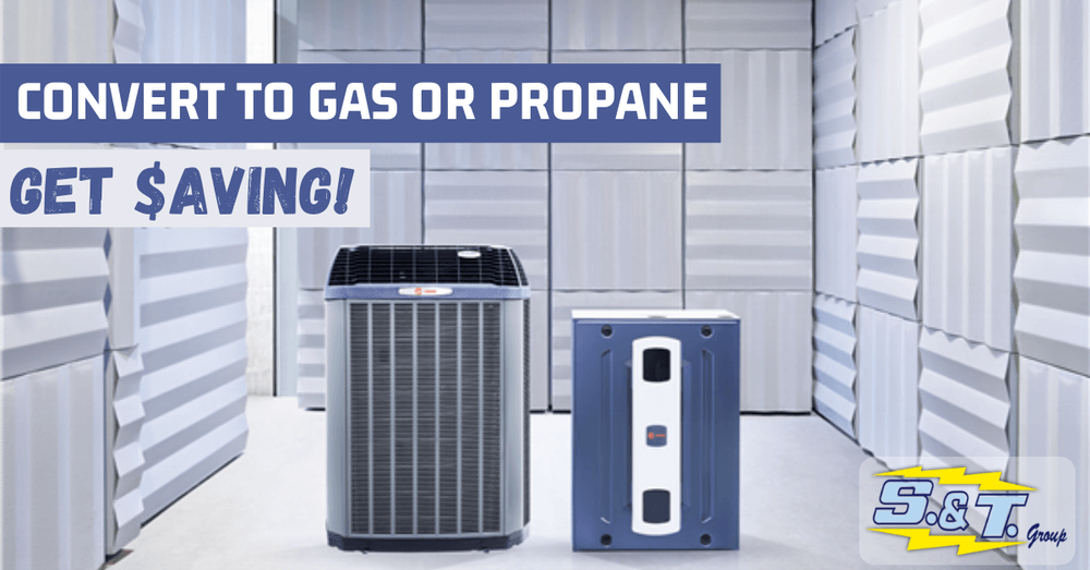Picture of heating and cooling units with text that says Cover to Gas or Propane and Get Saving