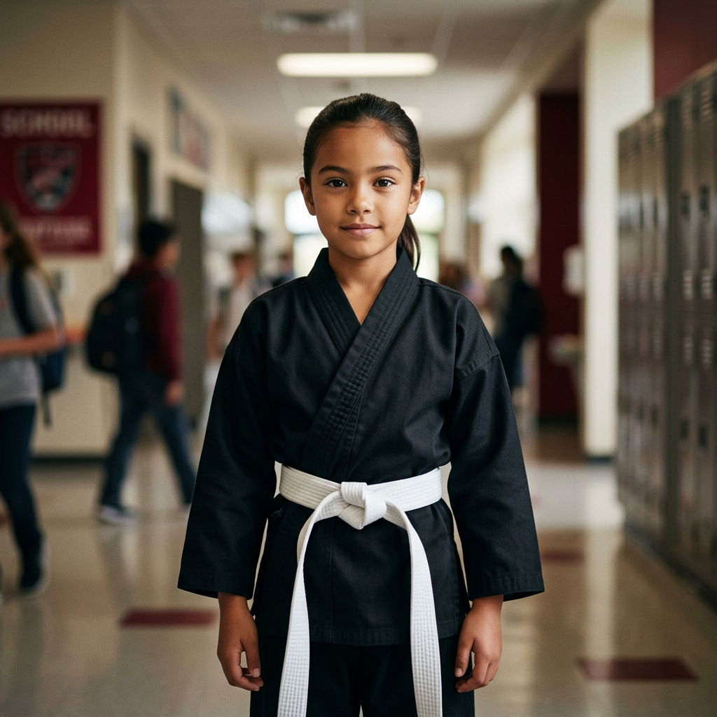 Two boys standing in a hallway and a dojo, both looking down with fists clenched, people watching nearby