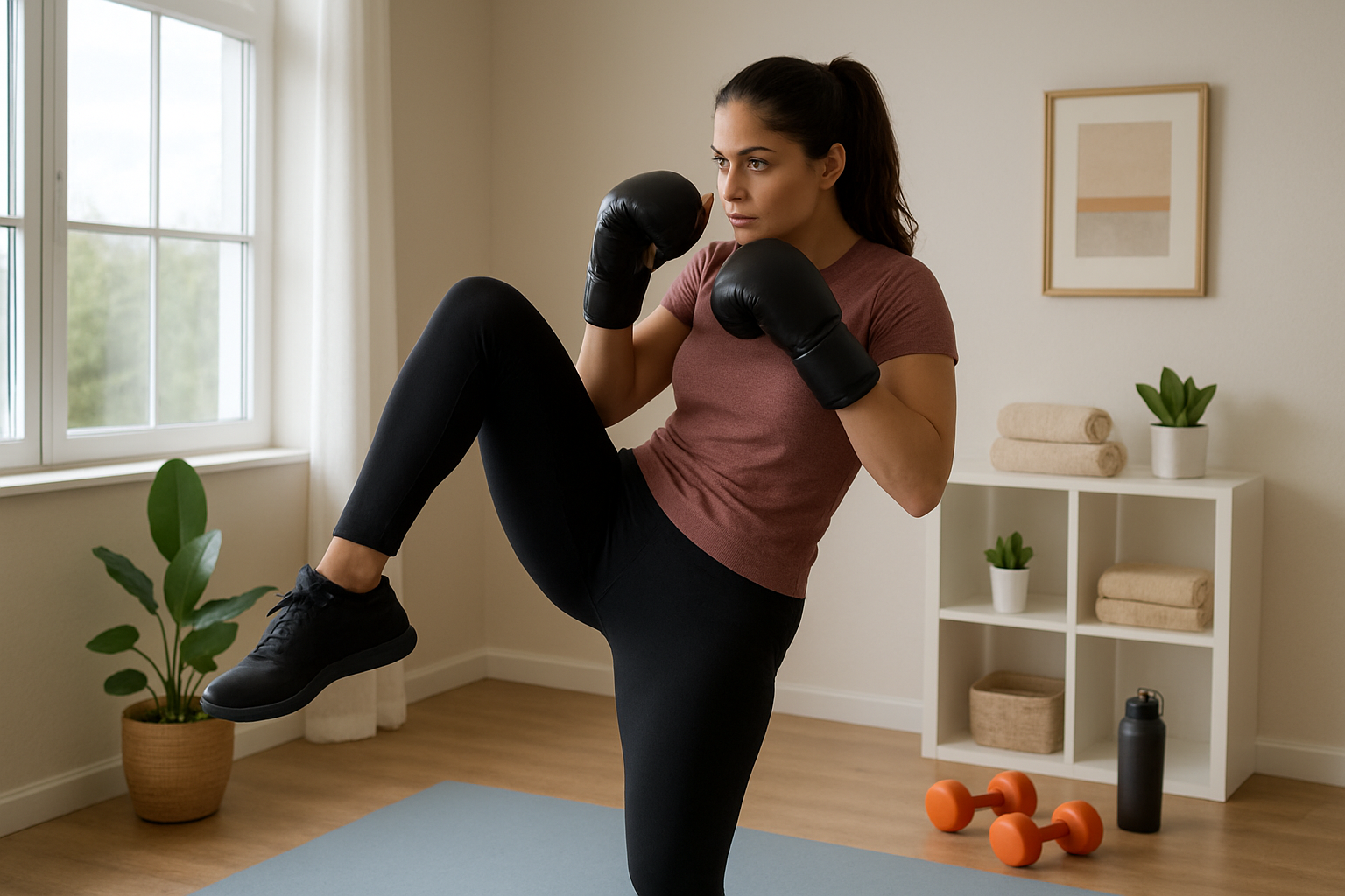 Woman in boxing gloves, kicking, exercising indoors.