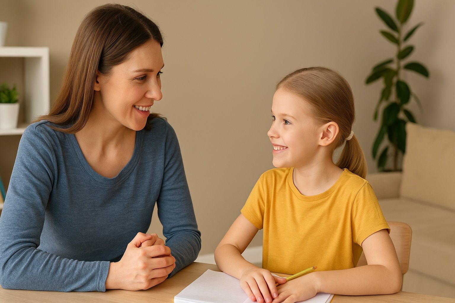 Woman smiling at a girl at a desk, looking at each other, notebook and pencil present.