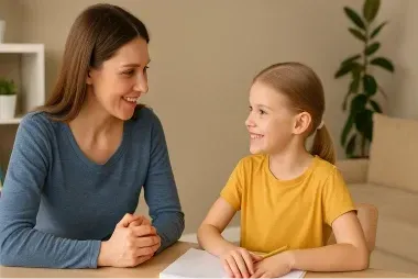Woman smiling at a girl at a desk, looking at each other, notebook and pencil present.