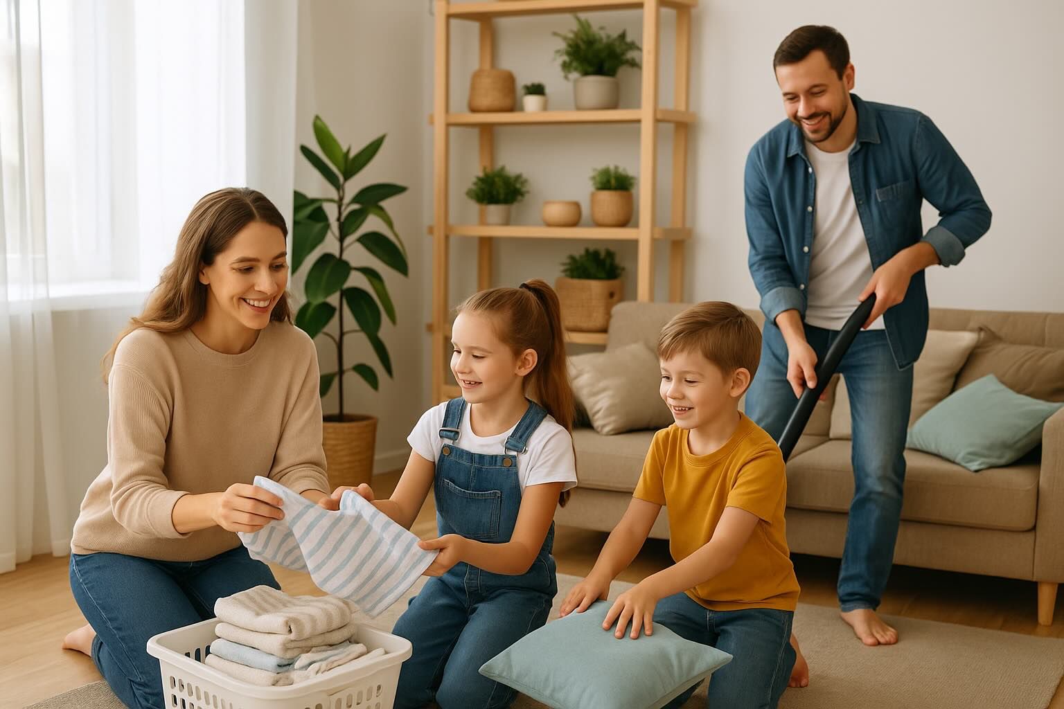 A family is cleaning their living room together.