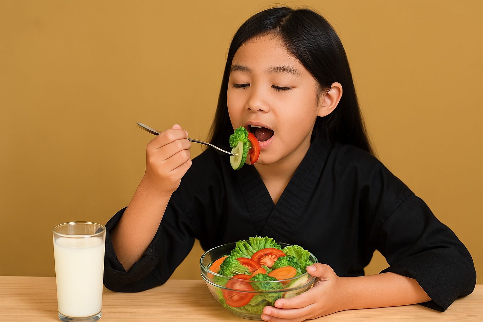 A young girl is eating a salad next to a glass of milk.