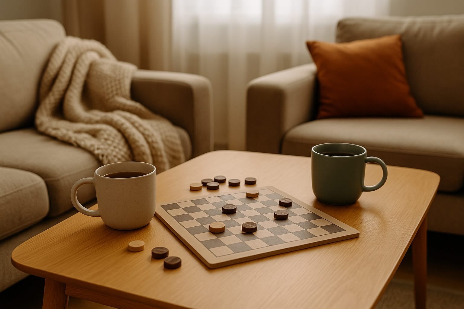 A coffee table with a chess board and two cups of coffee on it.