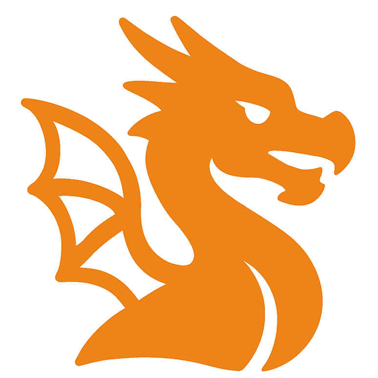 An orange silhouette of a dragon with wings on a white background