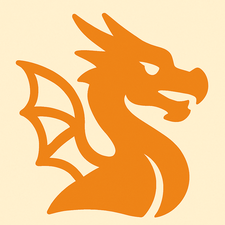An orange silhouette of a dragon with wings on a white background.