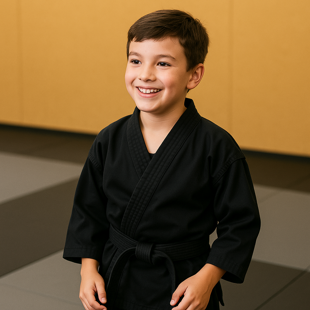 Smiling boy in a black karate uniform.