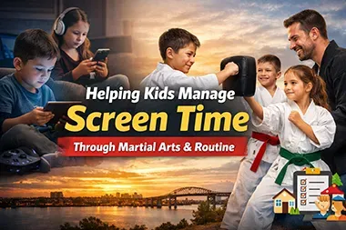 Kids using screens, training in martial arts. Text: 