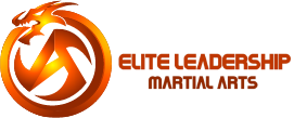 A logo for elite leadership martial arts with a dragon in the center