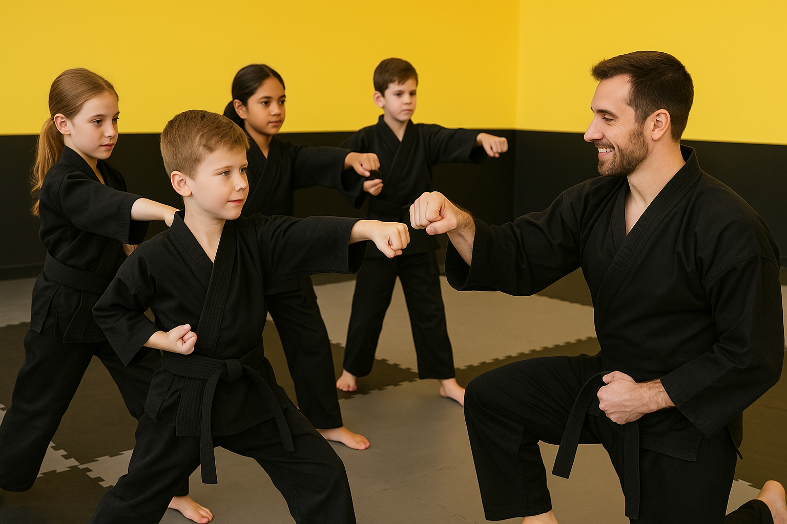 Karate instructor demonstrating a punch to students in black uniforms on a padded floor.