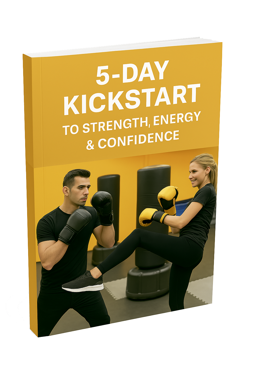 A man and a woman are kickboxing in a gym.