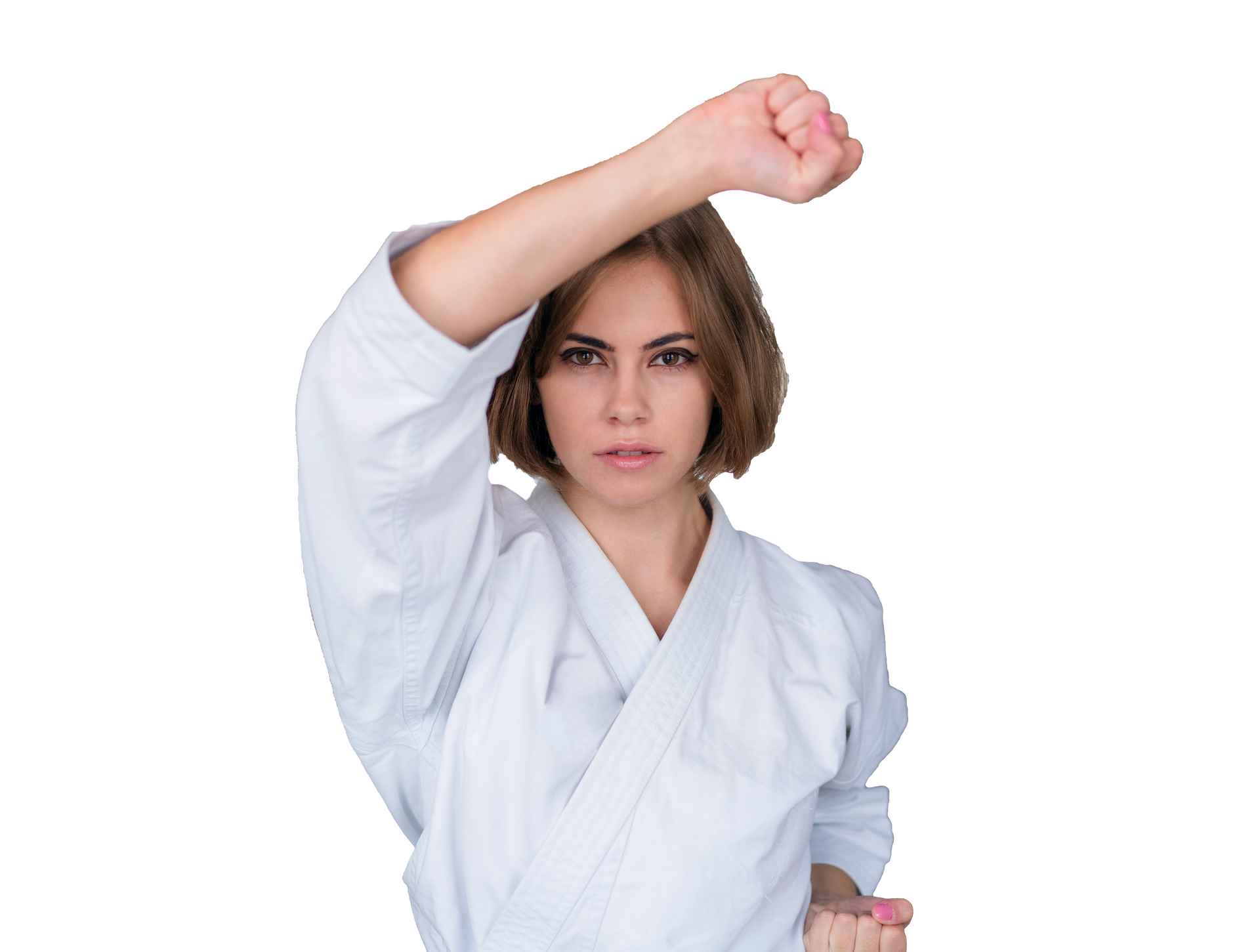 A boy and two girls are wearing karate uniforms and pointing at the camera