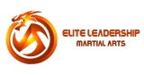 A logo for elite leadership martial arts with a dragon in the center