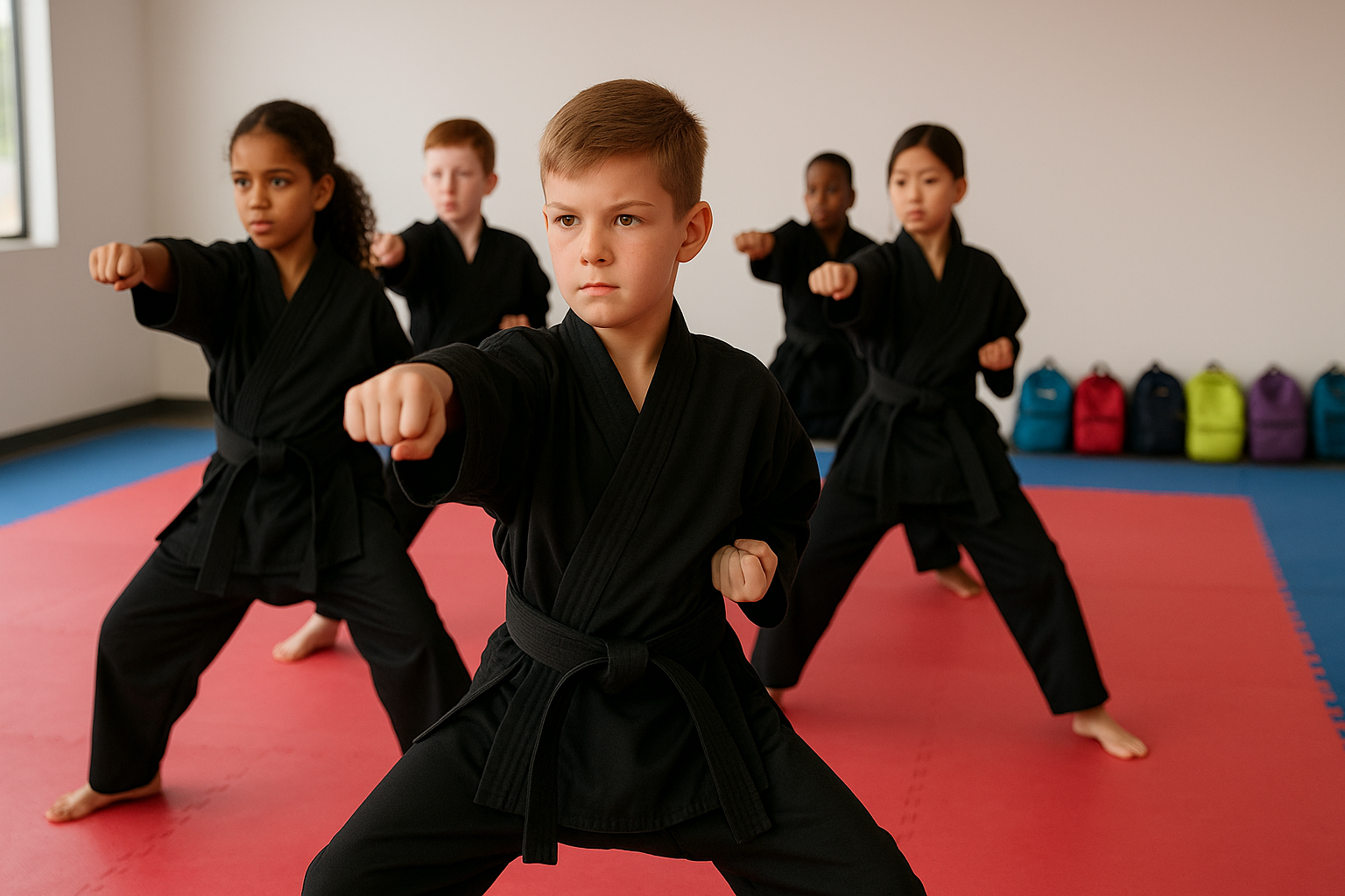 Children in black karate uniforms practicing punches in a dojo in Hamilton.