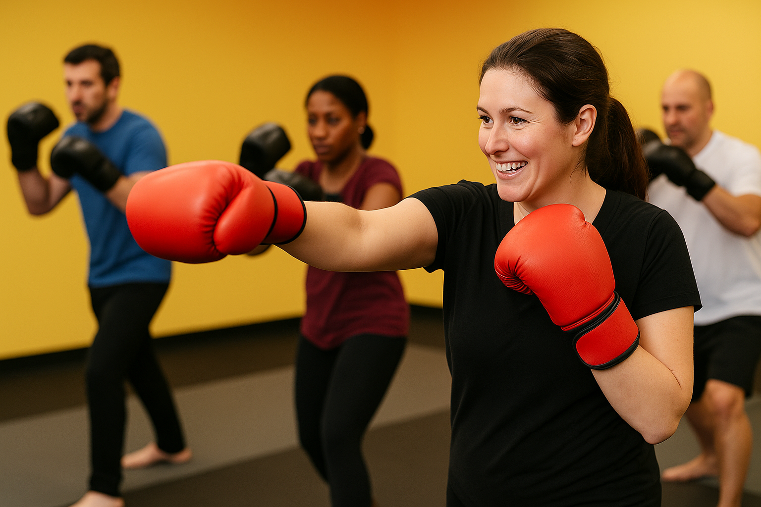 Adults training in fitness kickboxing with boxing gloves at Elite Leadership Martial Arts Hamilton