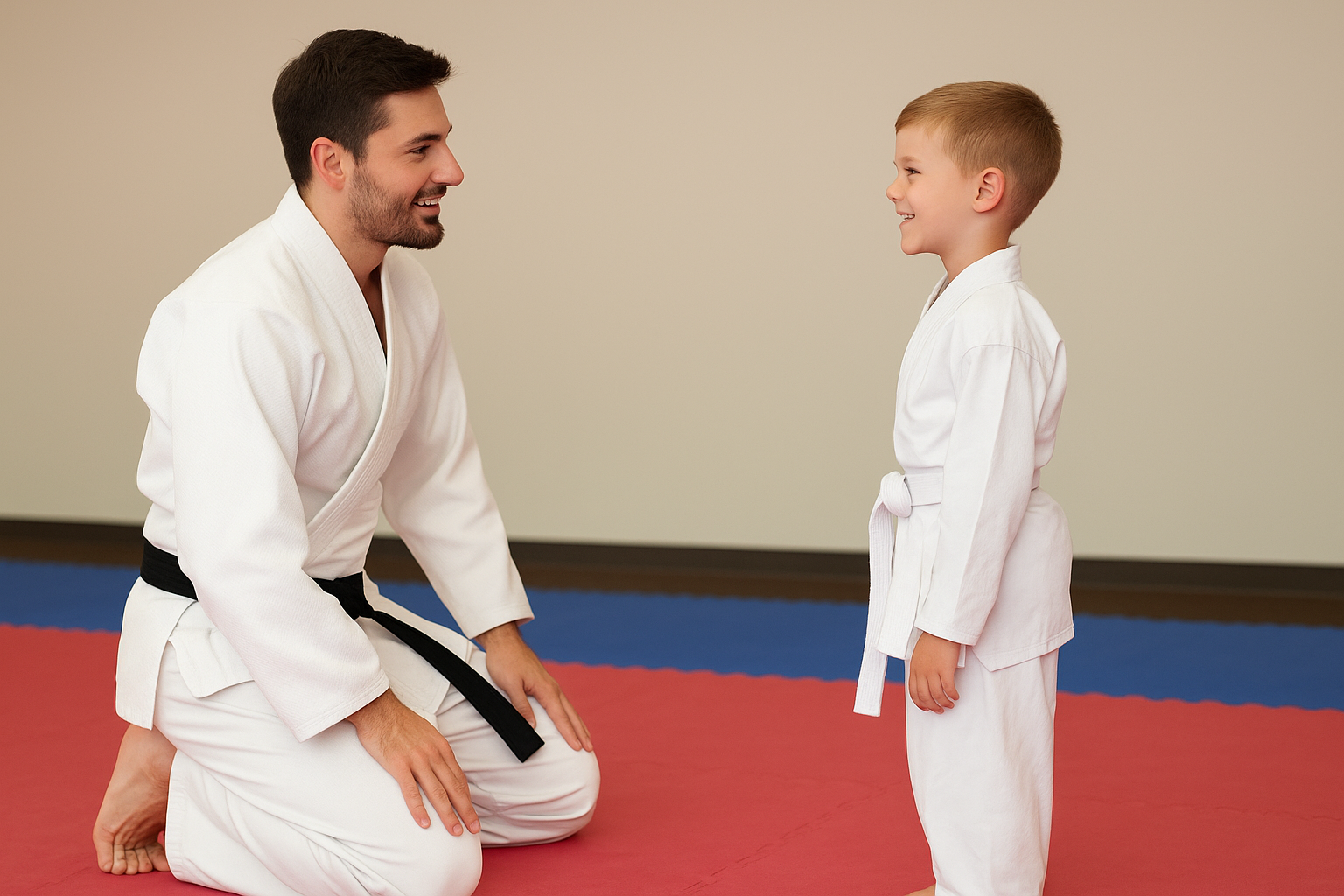 A man and a boy in karate gis smiling at each other on a training mat.