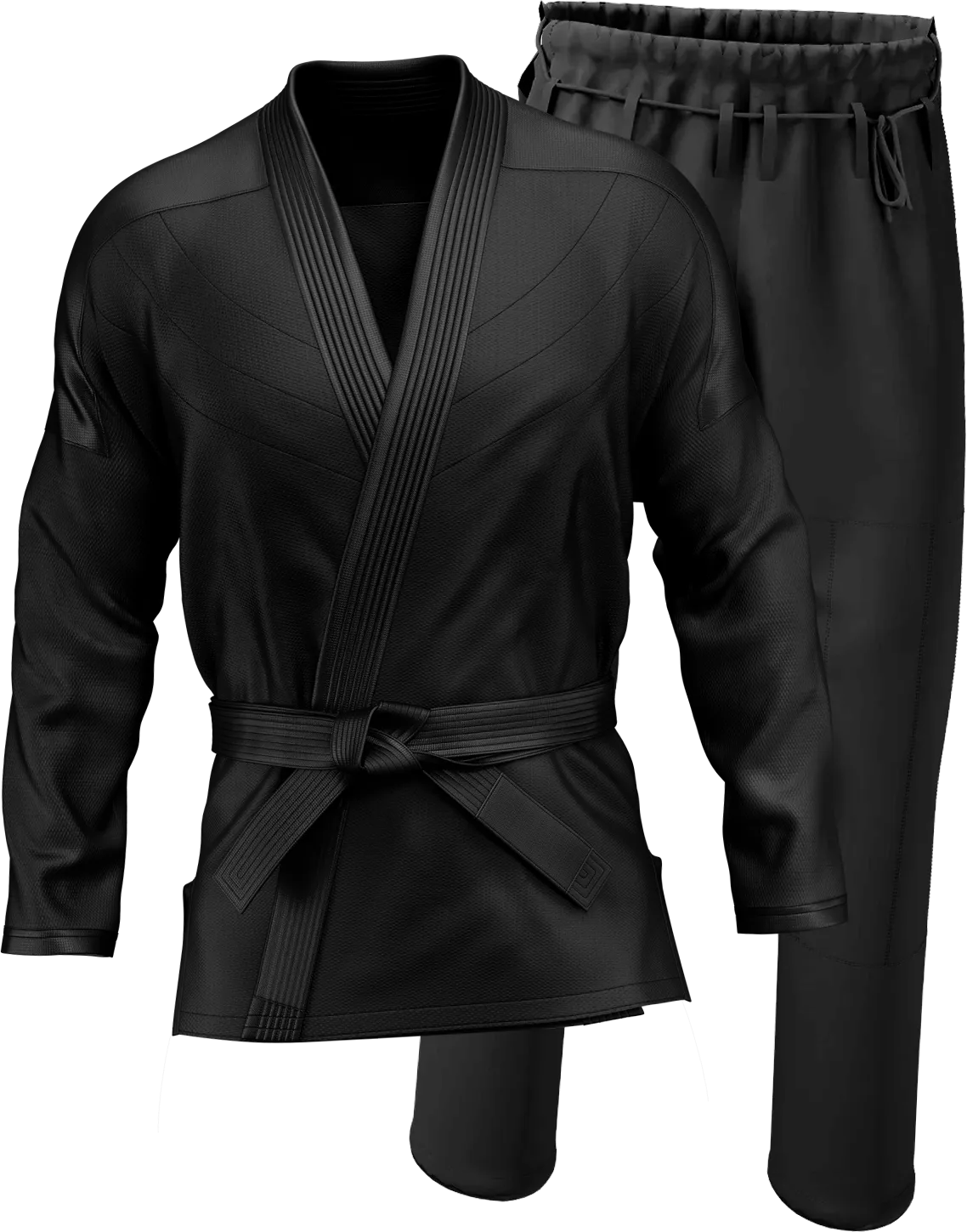 A black karate uniform with long sleeves and pants