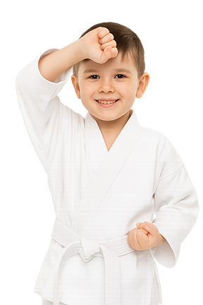 Boy in karate uniform, smiling, fist clenched, hand raised to forehead, white background.