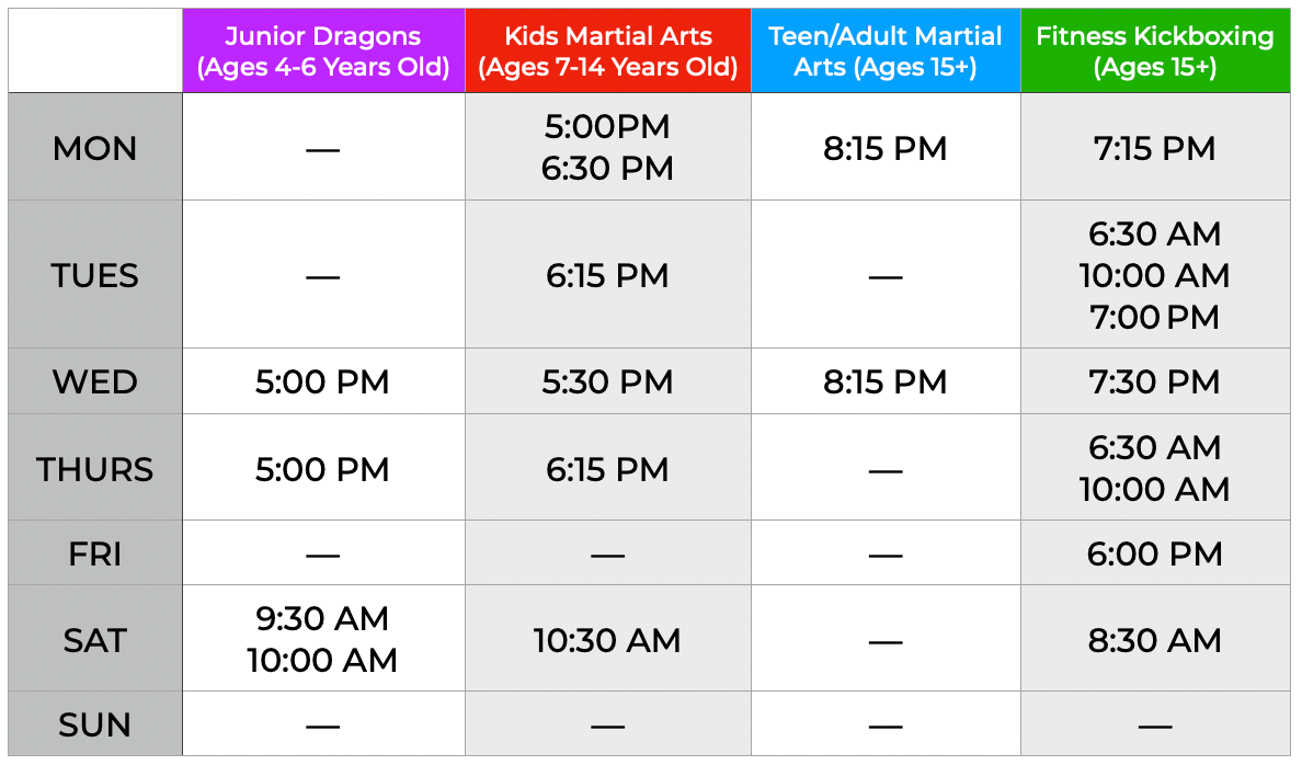 Elite Leadership Martial Arts Class Schedule
