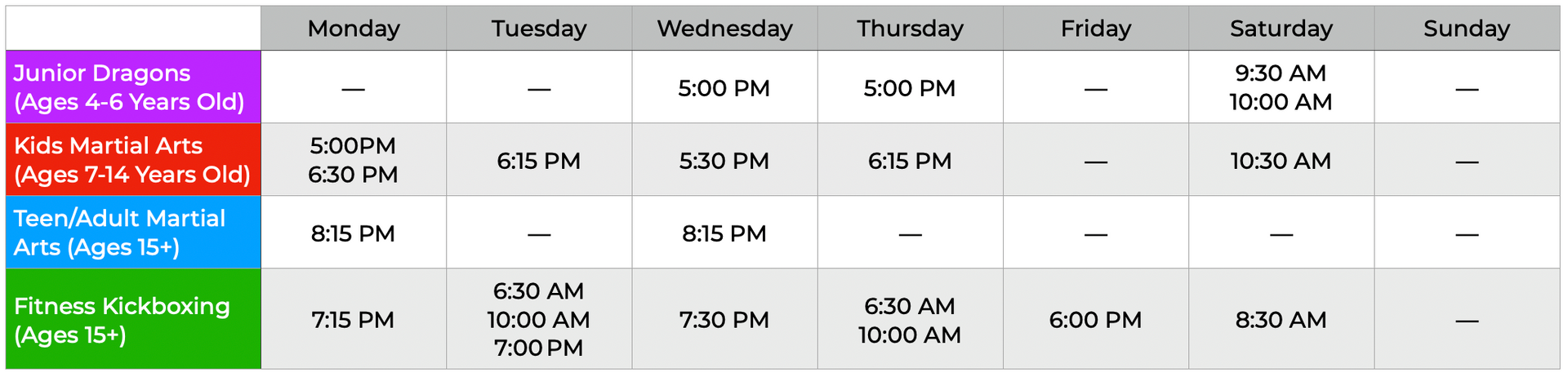 Elite Leadership Martial Arts Class Schedule