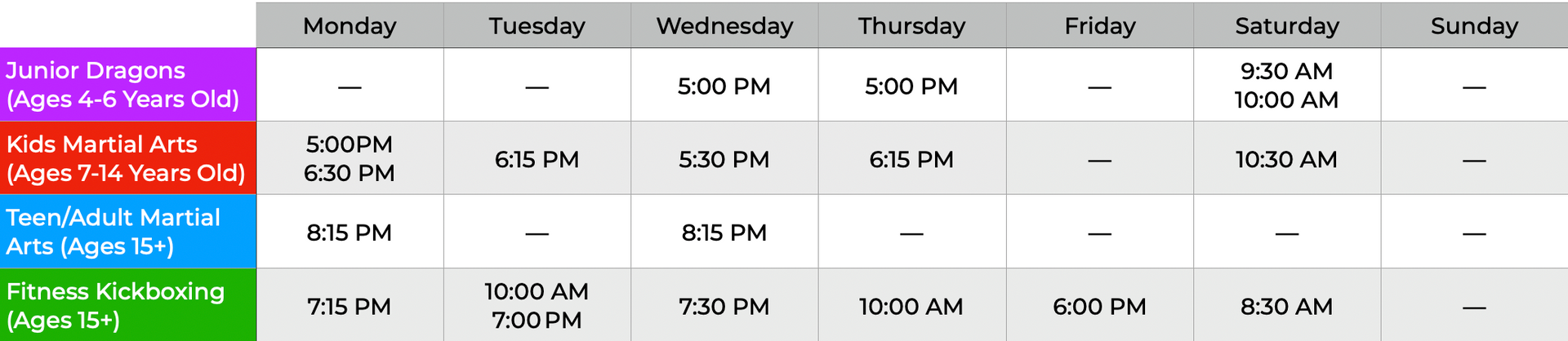 Elite Leadership Martial Arts Class Schedule