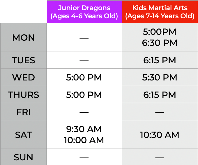 Elite Leadership Martial Arts Class Schedule for Kids Classes