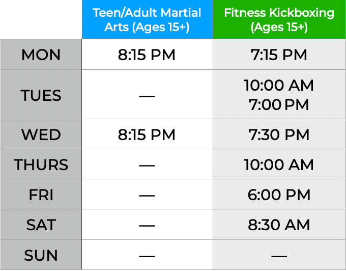 Elite Leadership Martial Arts Class Schedule for Teen and Adults