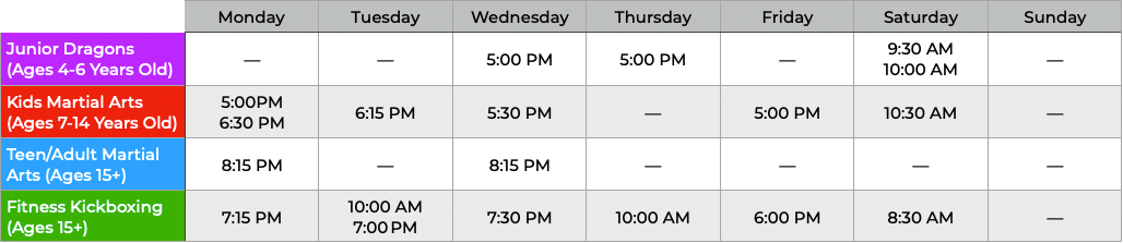 Elite Leadership Martial Arts Class Schedule