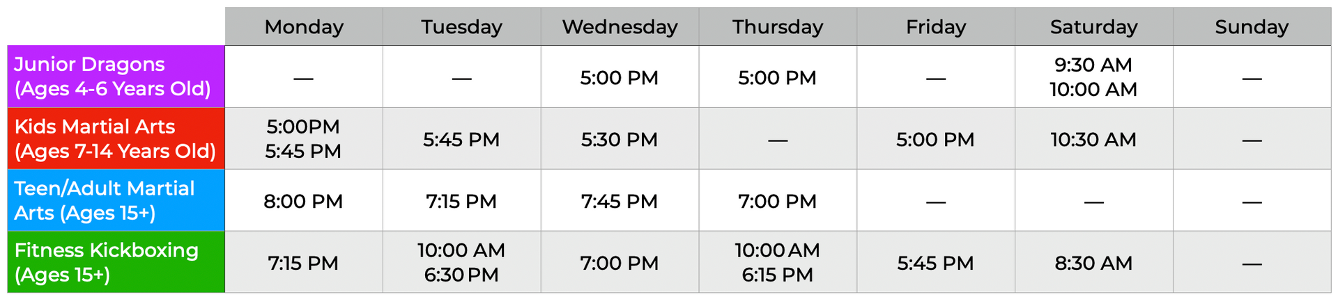 A weekly class schedule table featuring four fitness programs color-coded by row with corresponding meeting times.