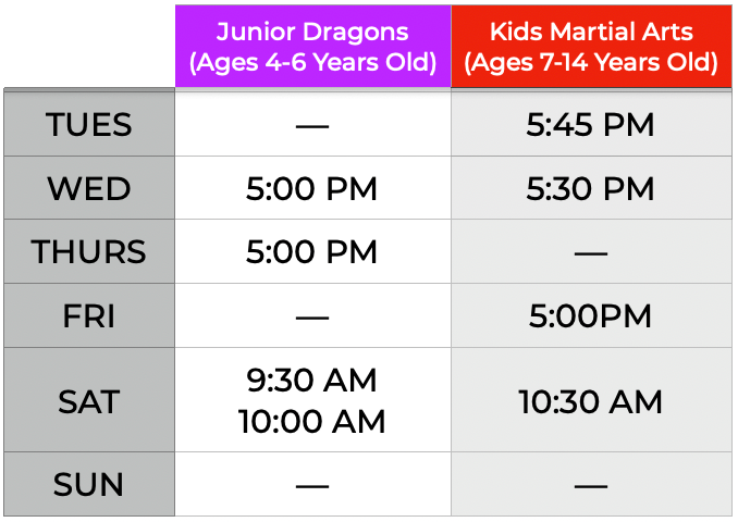 A weekly schedule table for Junior Dragons (ages 4-6) and Kids Martial Arts (ages 7-14) classes with days and times.