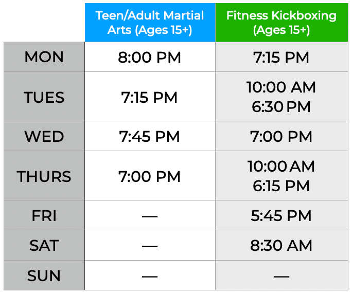 Class schedule grid for Teen/Adult Martial Arts and Fitness Kickboxing showing available class times from Monday to Sunday.