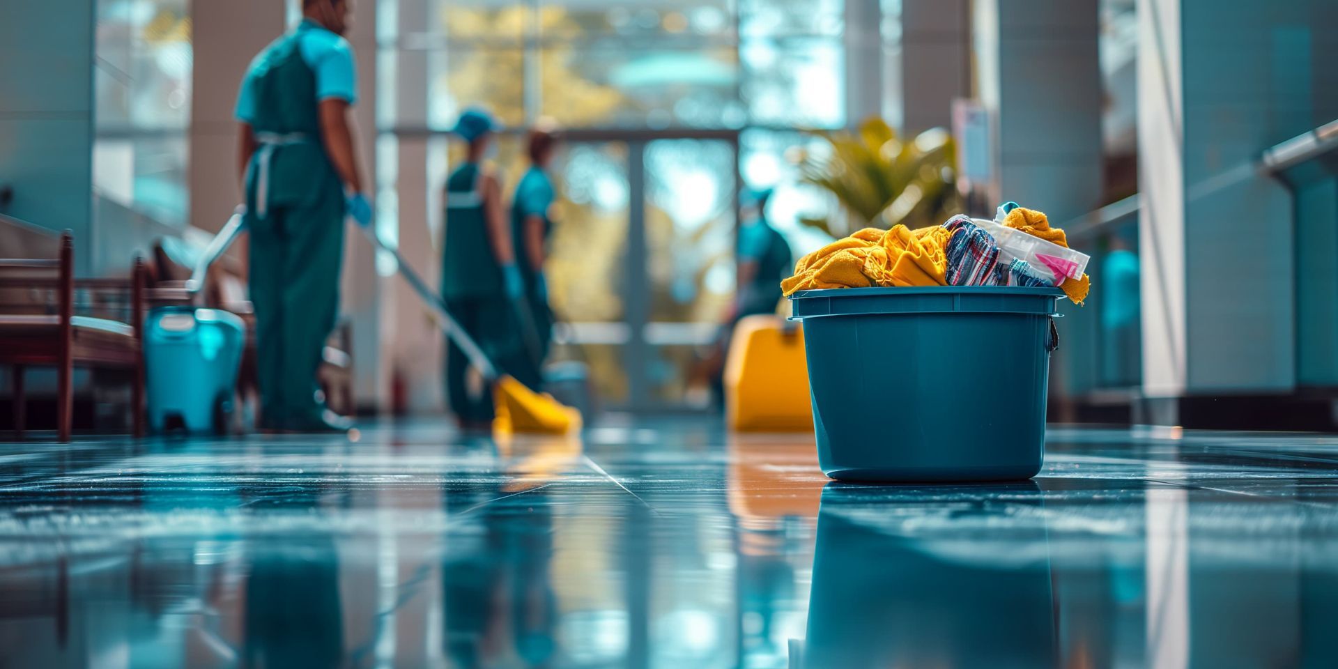 Cleaning crew mopping a shiny, wet floor in a building lobby. A bucket of cleaning supplies sits in the foreground.