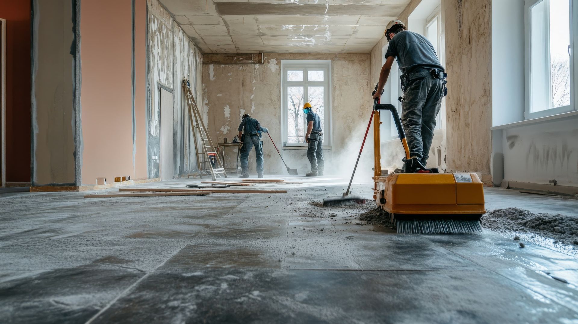Construction workers removing flooring in a room. One uses a machine, others sweep debris.