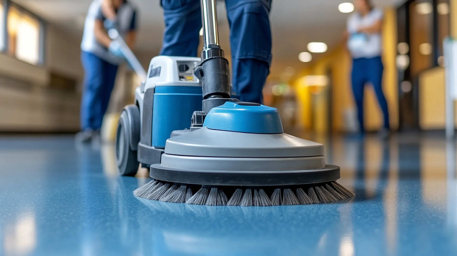 A floor polisher scrubs a blue floor in a hallway while two people work in the background.