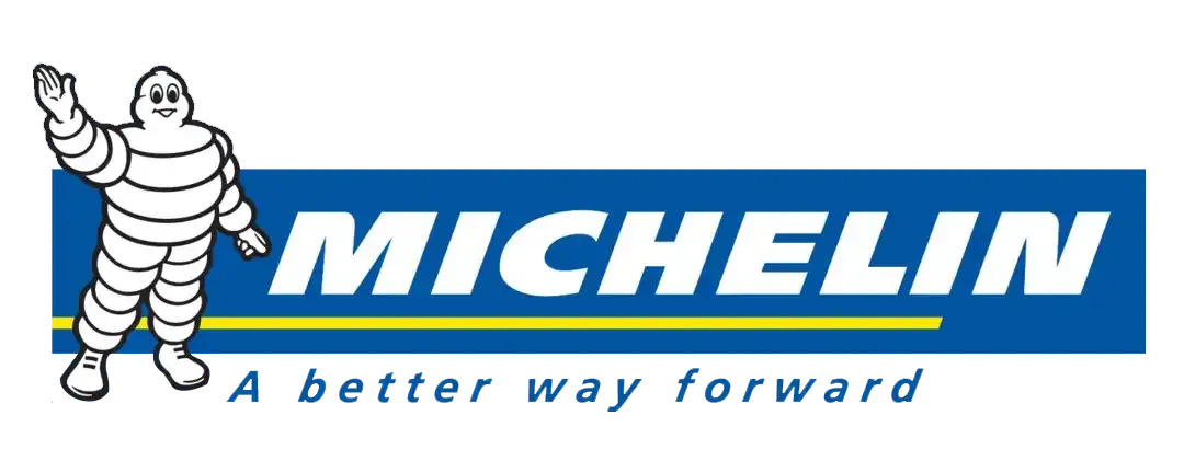 Michelin logo: a white, rotund mascot waves next to blue text reading 