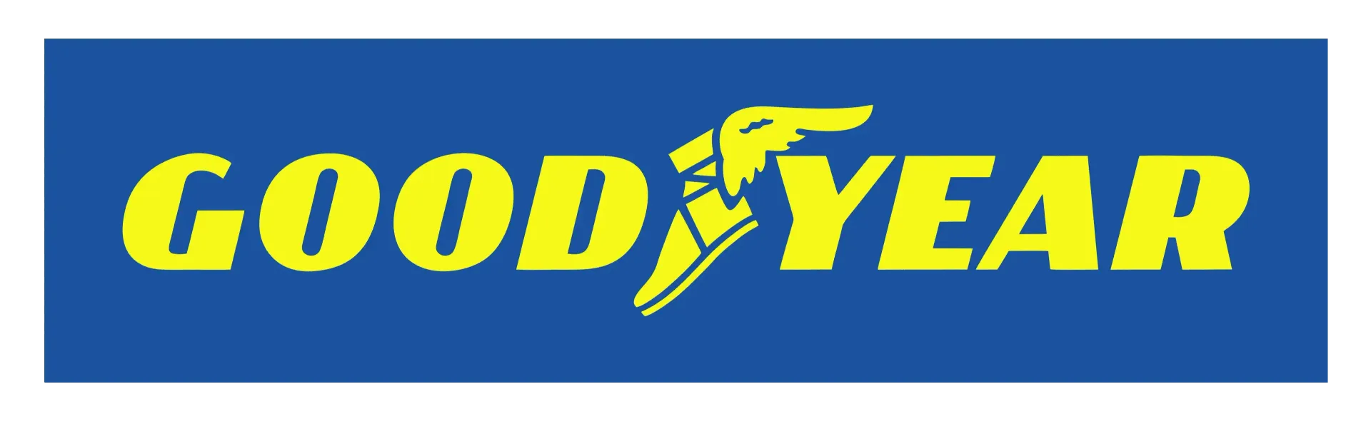 Goodyear logo: yellow text on a blue rectangle with a winged foot symbol.
