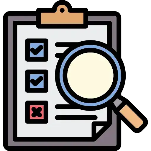 Clipboard with checklist, magnifying glass, and checked and unchecked boxes.