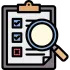 Clipboard with checklist, magnifying glass, and checked and unchecked boxes.