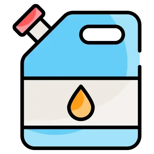 Blue gas can with a white label and orange droplet icon.