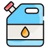 Blue gas can with a white label and orange droplet icon.