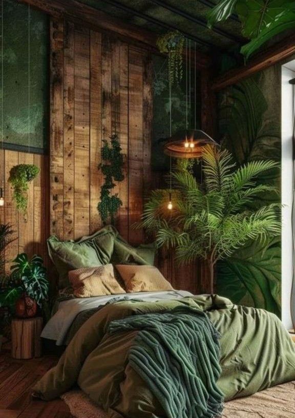 Acogedor dormitorio con ropa de cama verde oliva, paredes de madera y exuberantes plantas que crean una atmósfera de jungla.