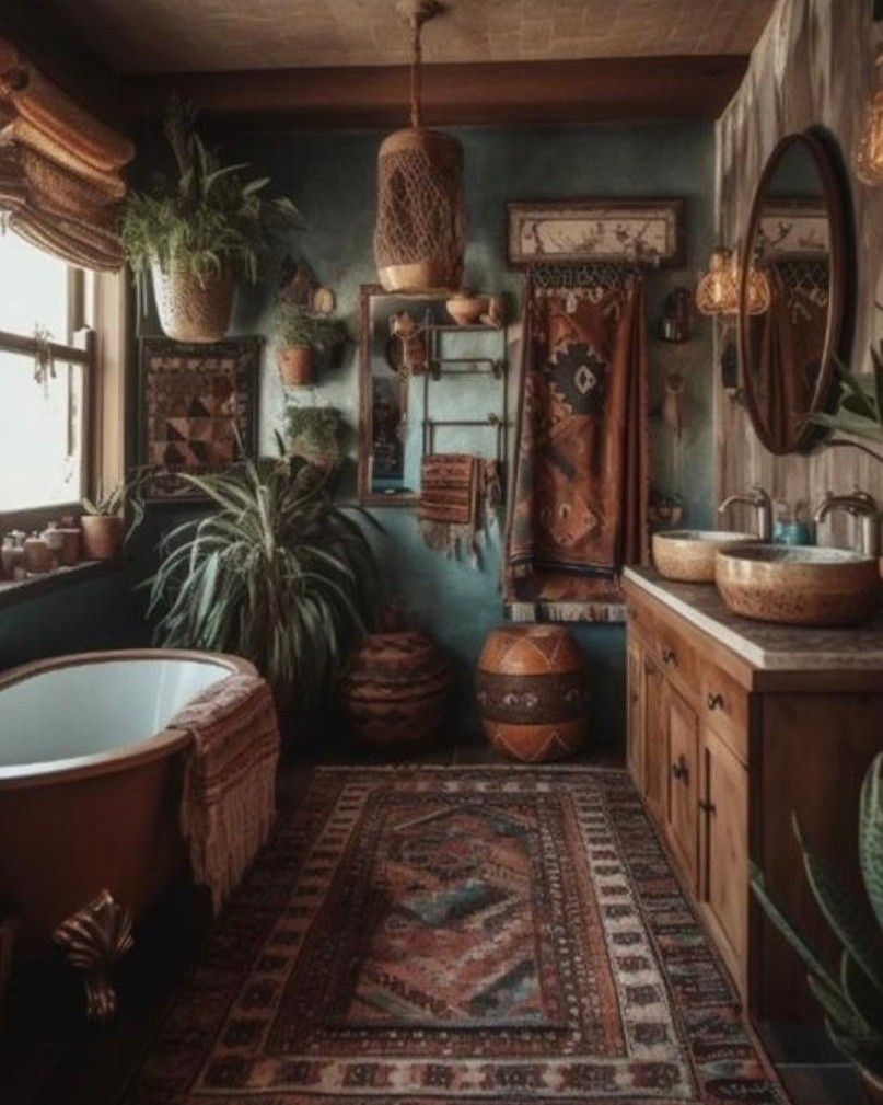 Baño bohemio con bañera con patas, plantas, alfombra estampada y accesorios de madera.