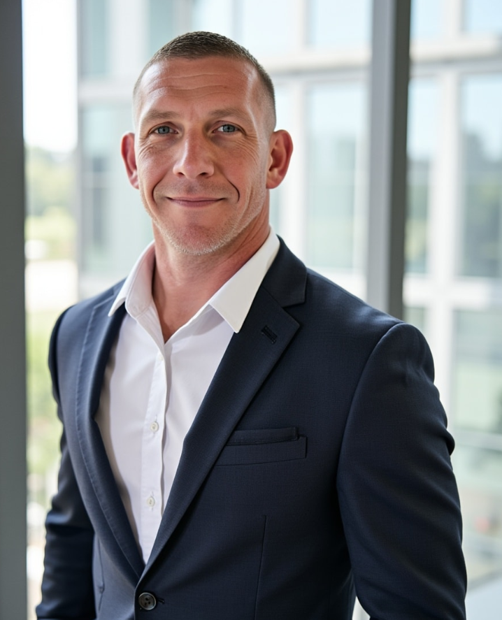 A person wearing a dark blue suit and white shirt, smiling against a blurred background of large windows.