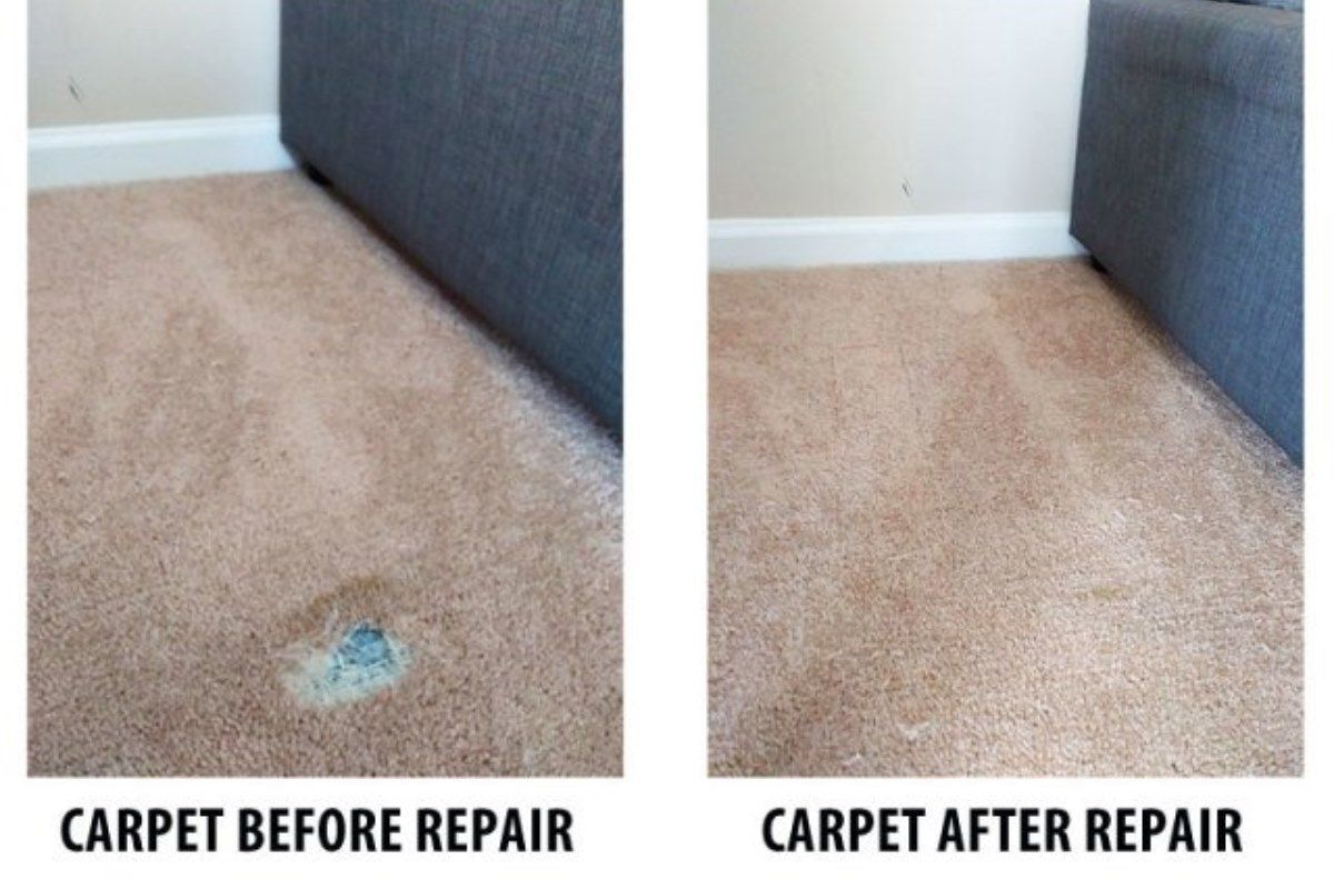 two pictures of a carpet before and after repair
