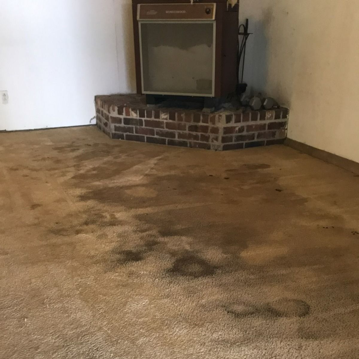 a living room with a dirty carpet and a fireplace .