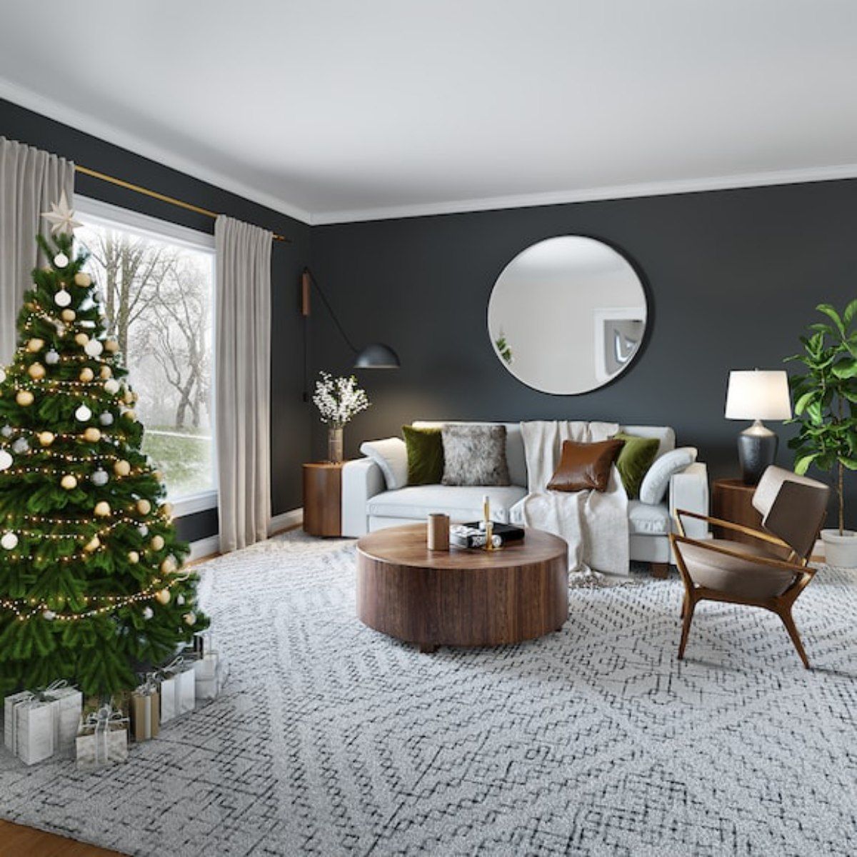a living room with a couch , chair , coffee table and a christmas tree .