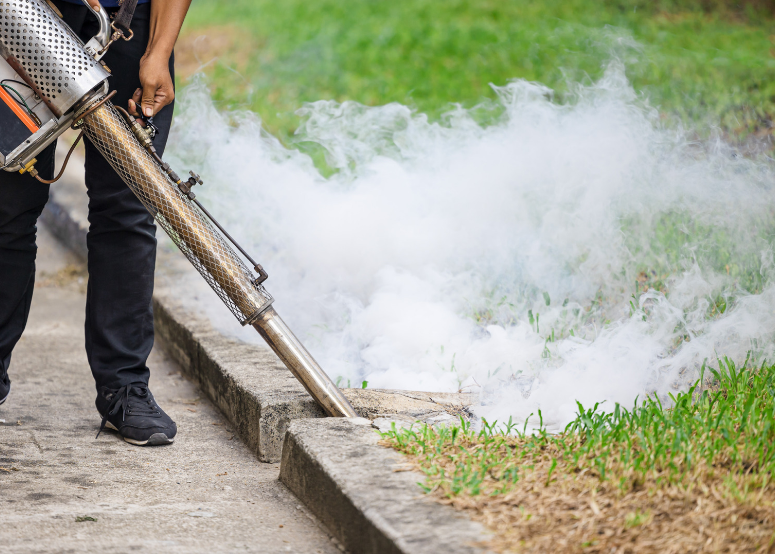 A man is using a machine to spray smoke on a sidewalk.