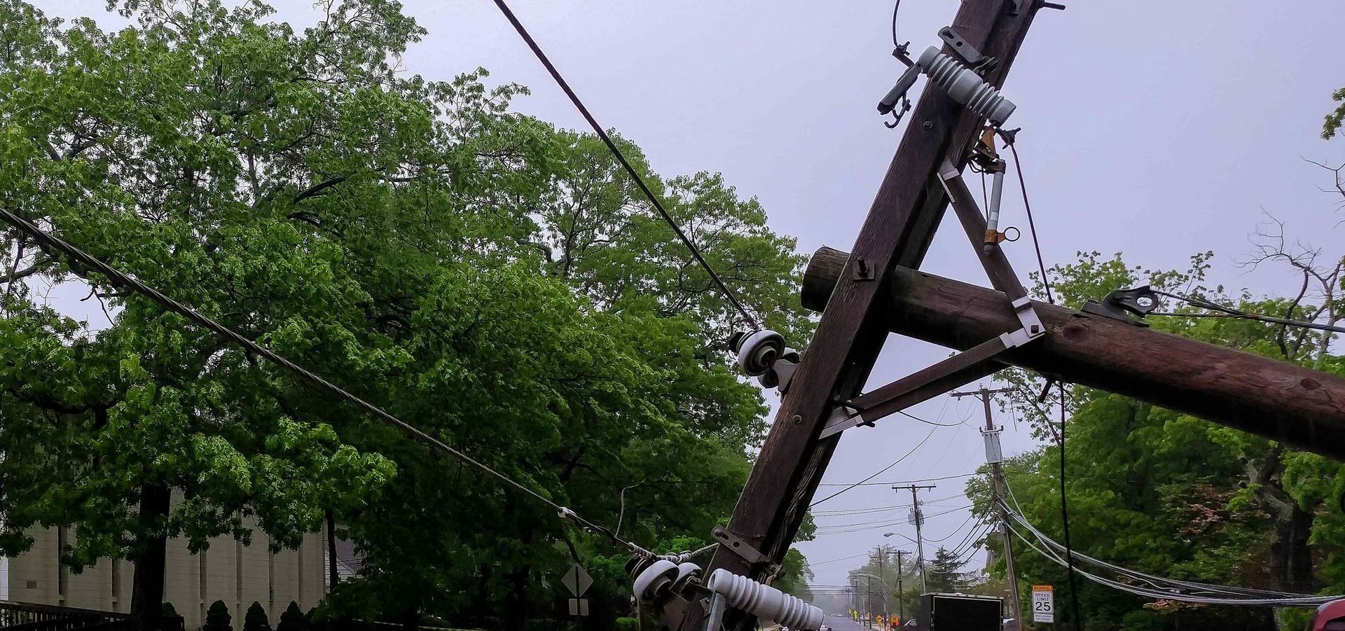 Downed Powerline And Pole After High Wind Storm